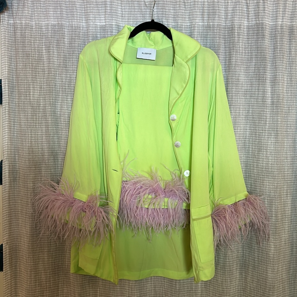 Sleeper Lime Green Pajama Set with Pink Feather Trim